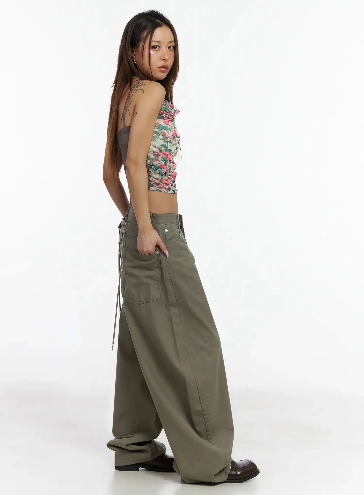 Back Corset Belt Wide-Leg Cotton Pants IA527