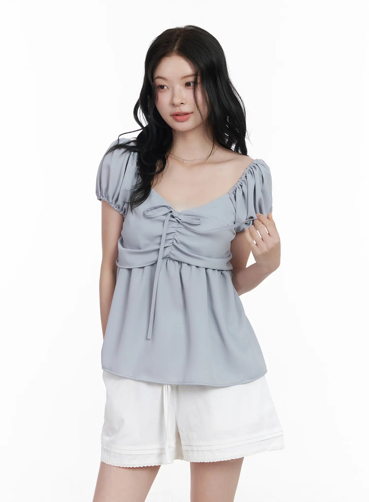 Chiffon Ruched Puff Sleeve Blouse CA510
