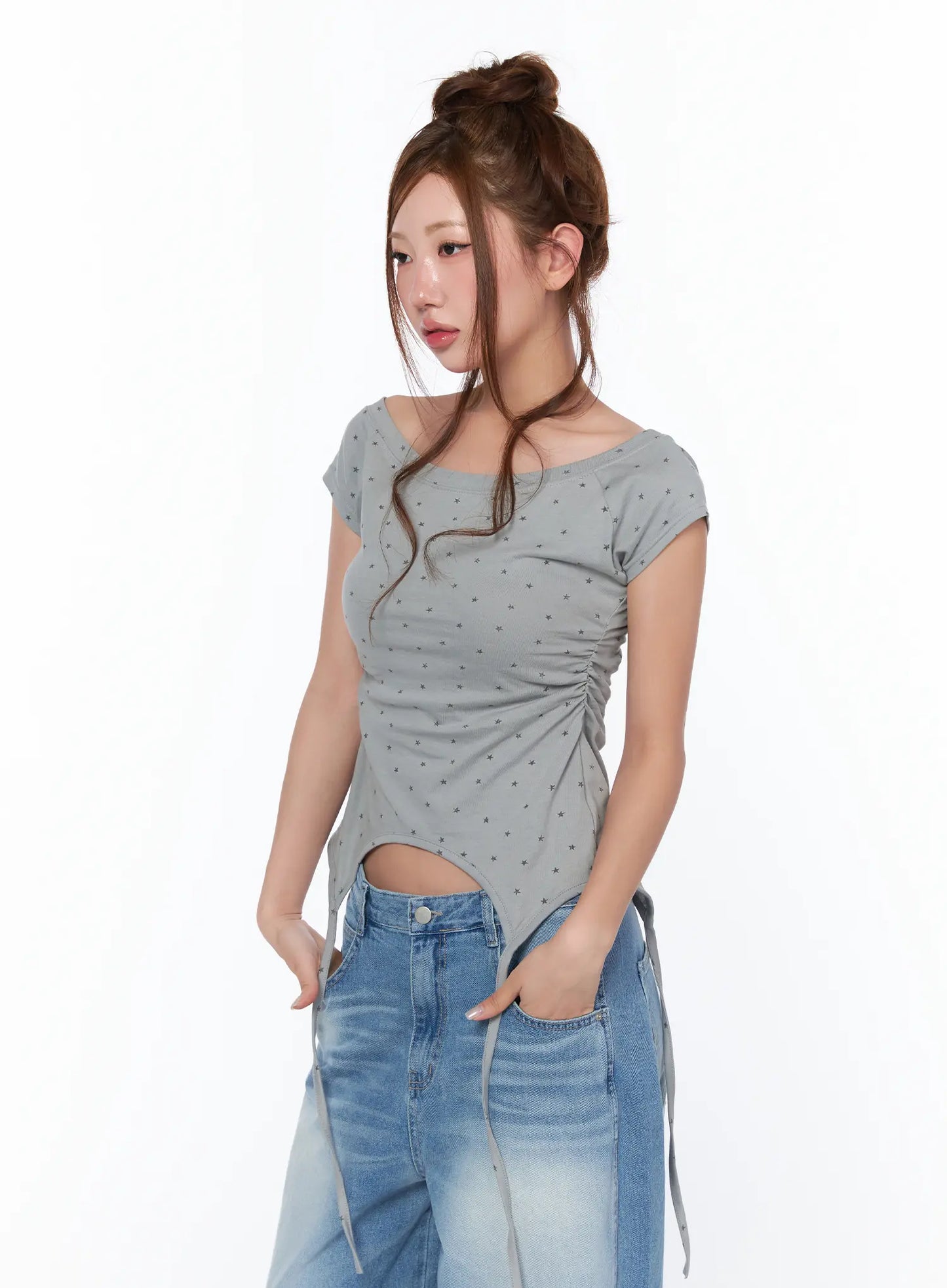 Boat Neck Star Print String Top CA514