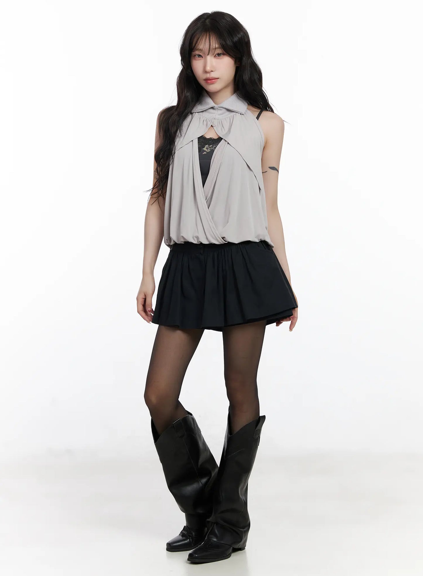Chic Pleated Mini Skort with Elastic Waistband CJ526