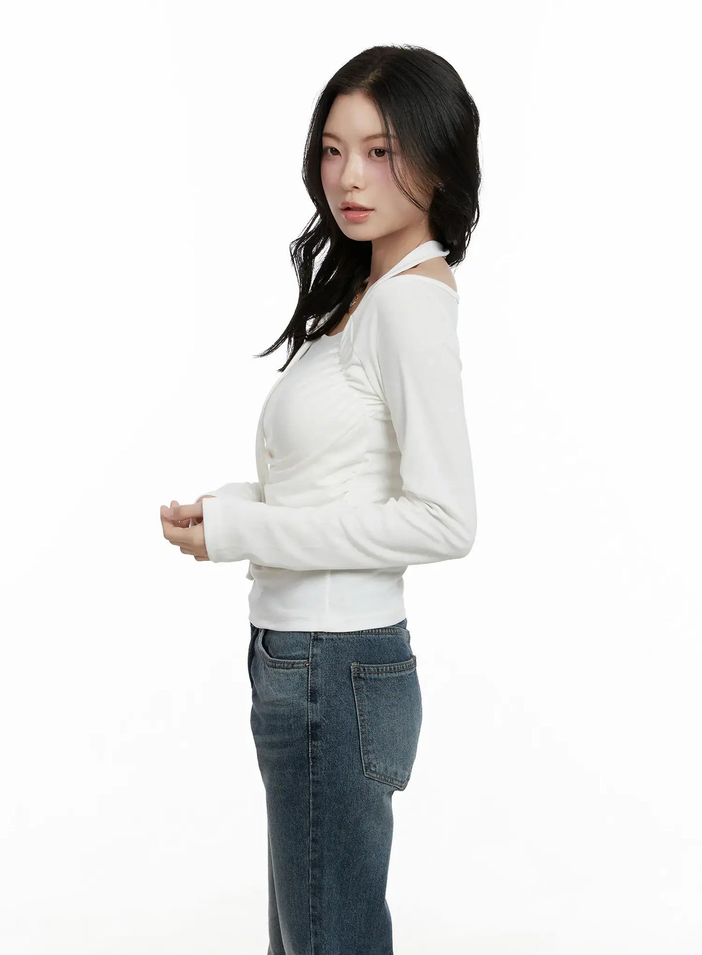 Chic Shirred Halter Long Sleeve Top F502