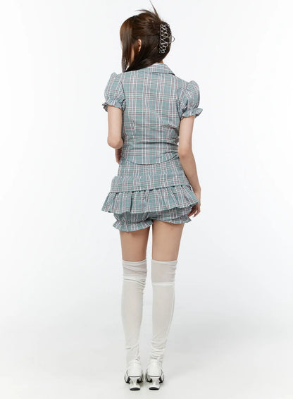 Check Puff Sleeve Crop Blouse CY518