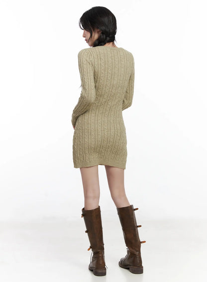 Cable Knit Button Sweater Mini Dress CJ526