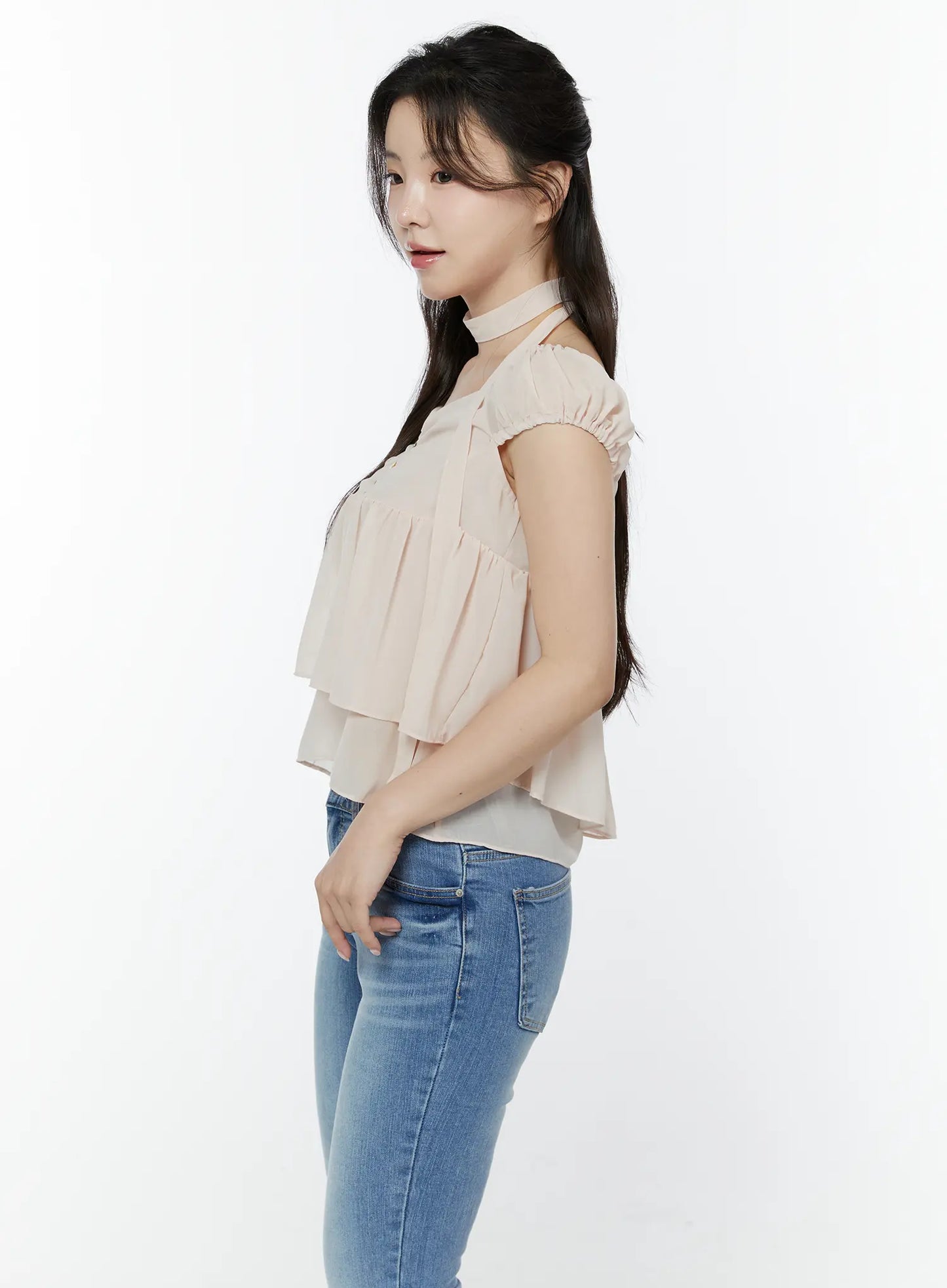 Chiffon Layered Blouse And Skinny Scarf Set IY511