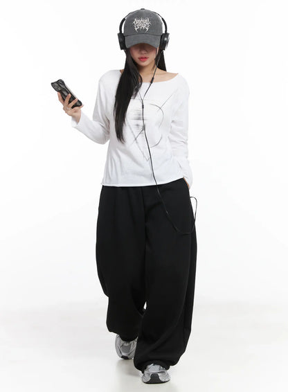 Casual Relaxed Neck Graphic Long Sleeve Tee CD530