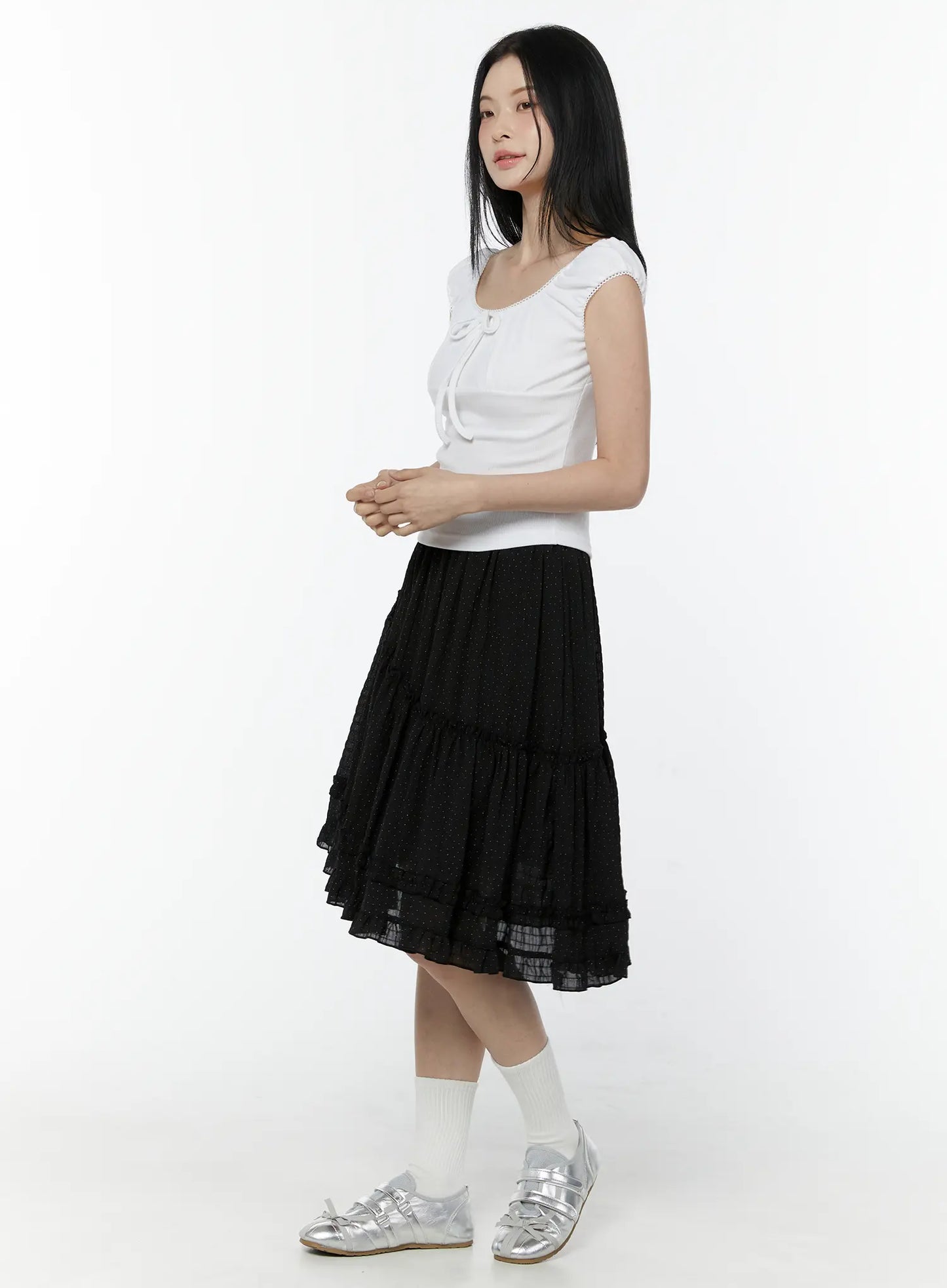 Asymmetric Ruffle Polka Dot Midi Skirt IU505
