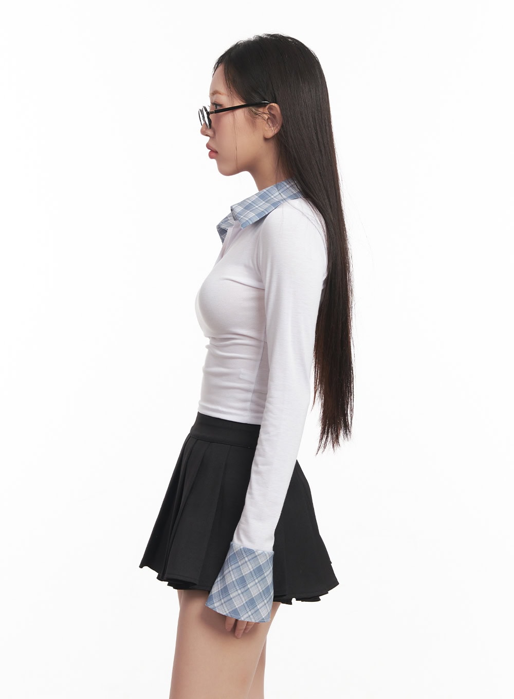 Checkered-Collar Long-Sleeve Crop Top CM531