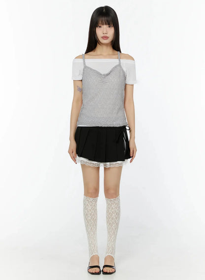 Chic Pleated Ribbon Lace Trim Mini Skirt IU518