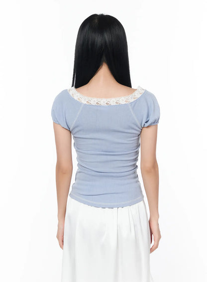 Chic Lace-Trimmed Shirred Tee CY512