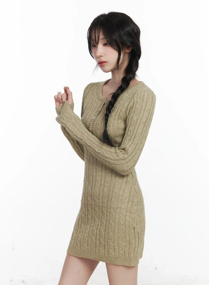 Cable Knit Button Sweater Mini Dress CJ526