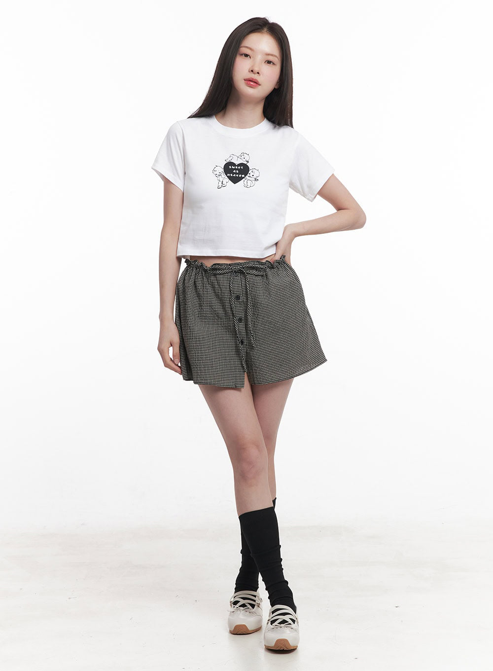 Checkered Ribbon Button Mini Skirt IY513
