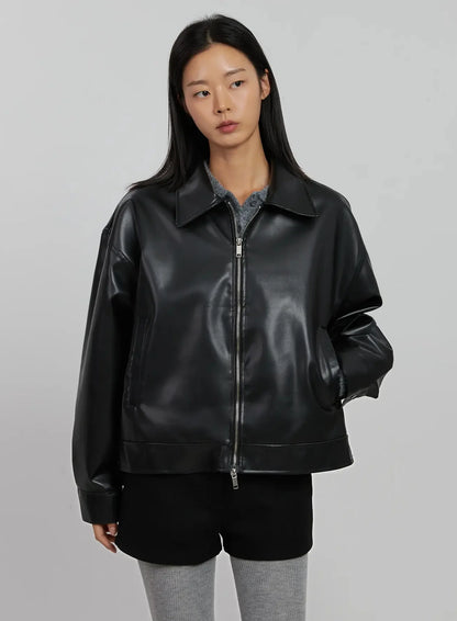 Basic Cropped Faux Leather Jacket IN507