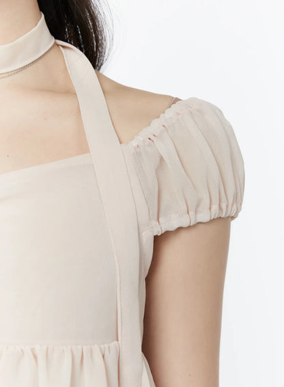 Chiffon Layered Blouse And Skinny Scarf Set IY511