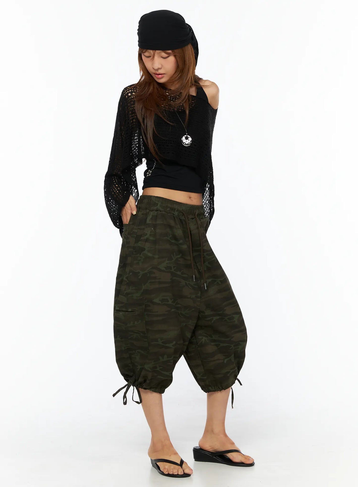 Camouflage Drawstring Wide Shorts CU517