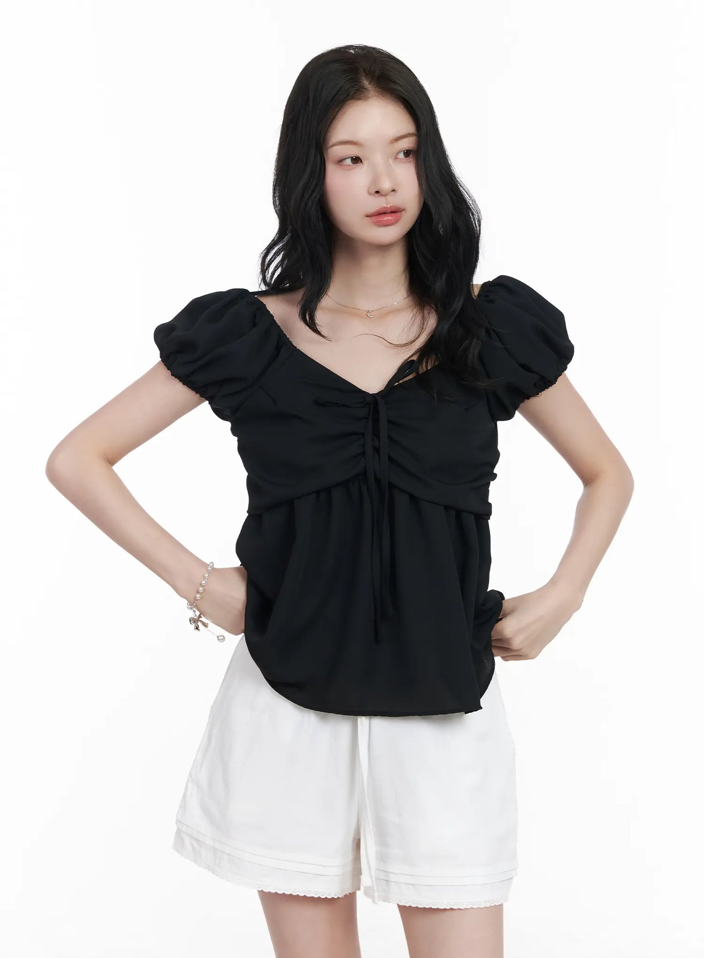 Chiffon Ruched Puff Sleeve Blouse CA510