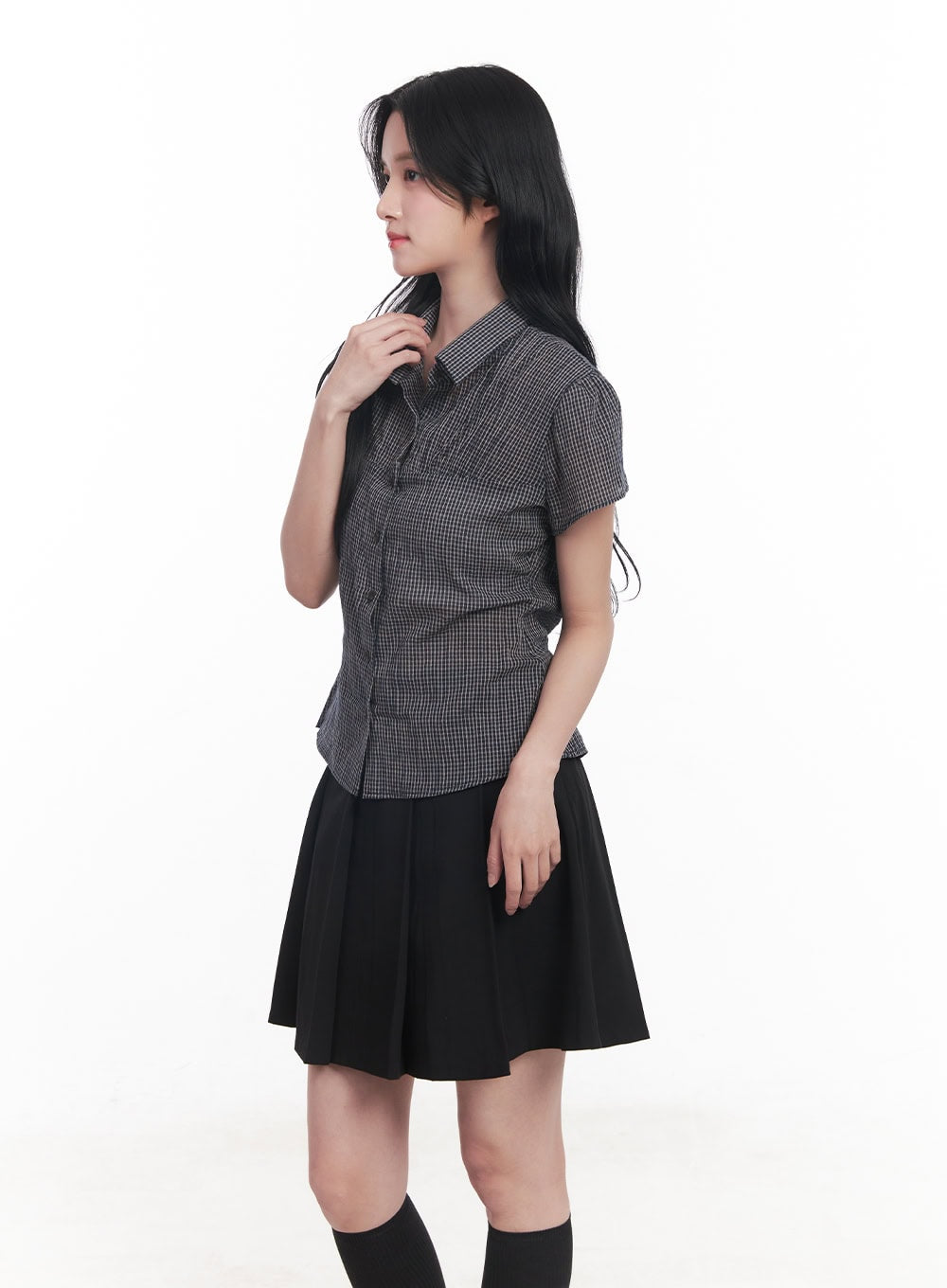 Checkered Puff Button Blouse Top CY526