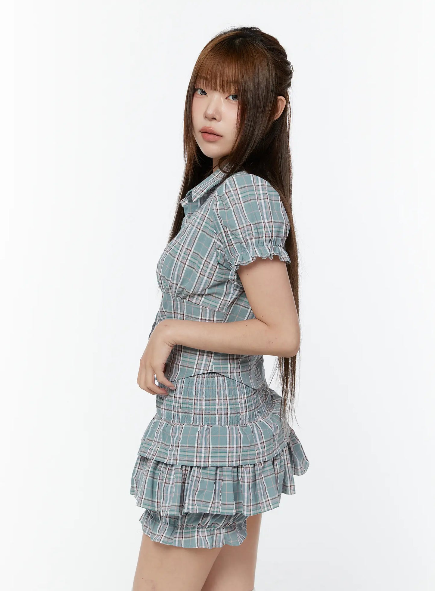 Check Puff Sleeve Crop Blouse CY518