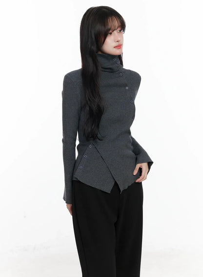 Asymmetric Buttoned Knit Top IJ529