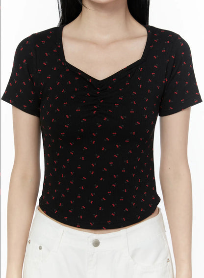 Cherry Print Sweetheart Neckline Tee IU505