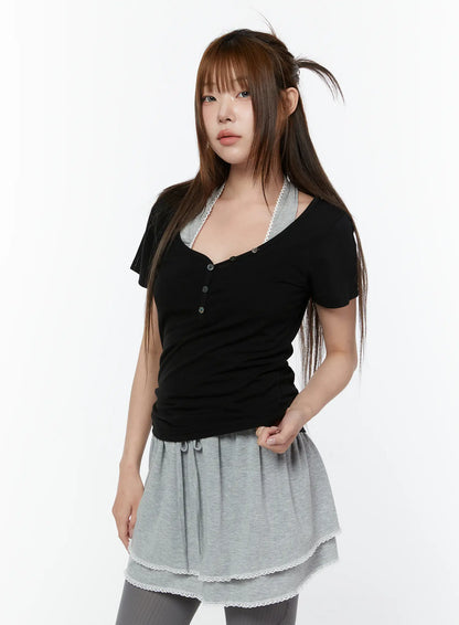 Basic Heart Neck Button Top CY519