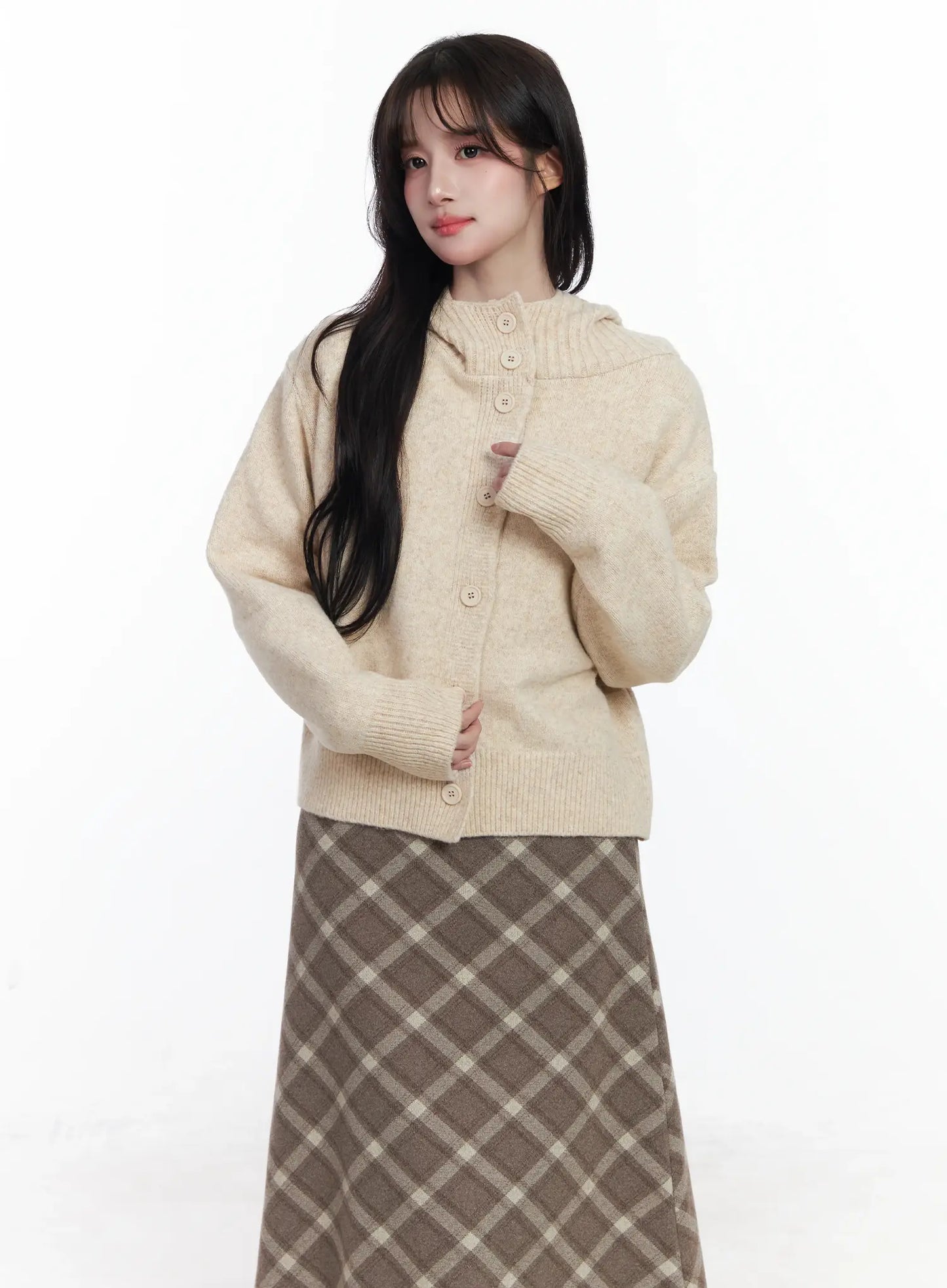 Buttoned Knit Hoodie IJ529