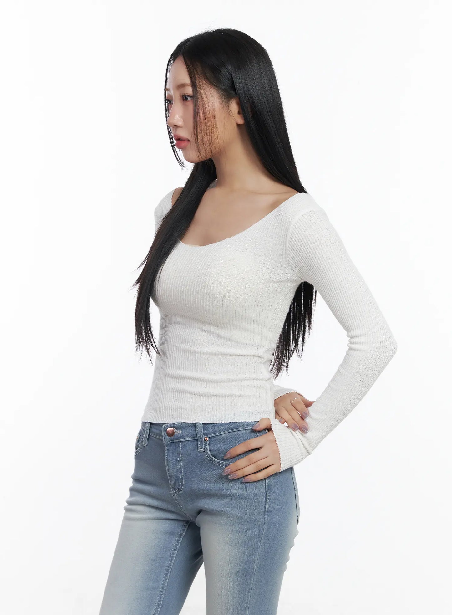 Basic V-Neck Ribbed Long Sleeve Top CF503