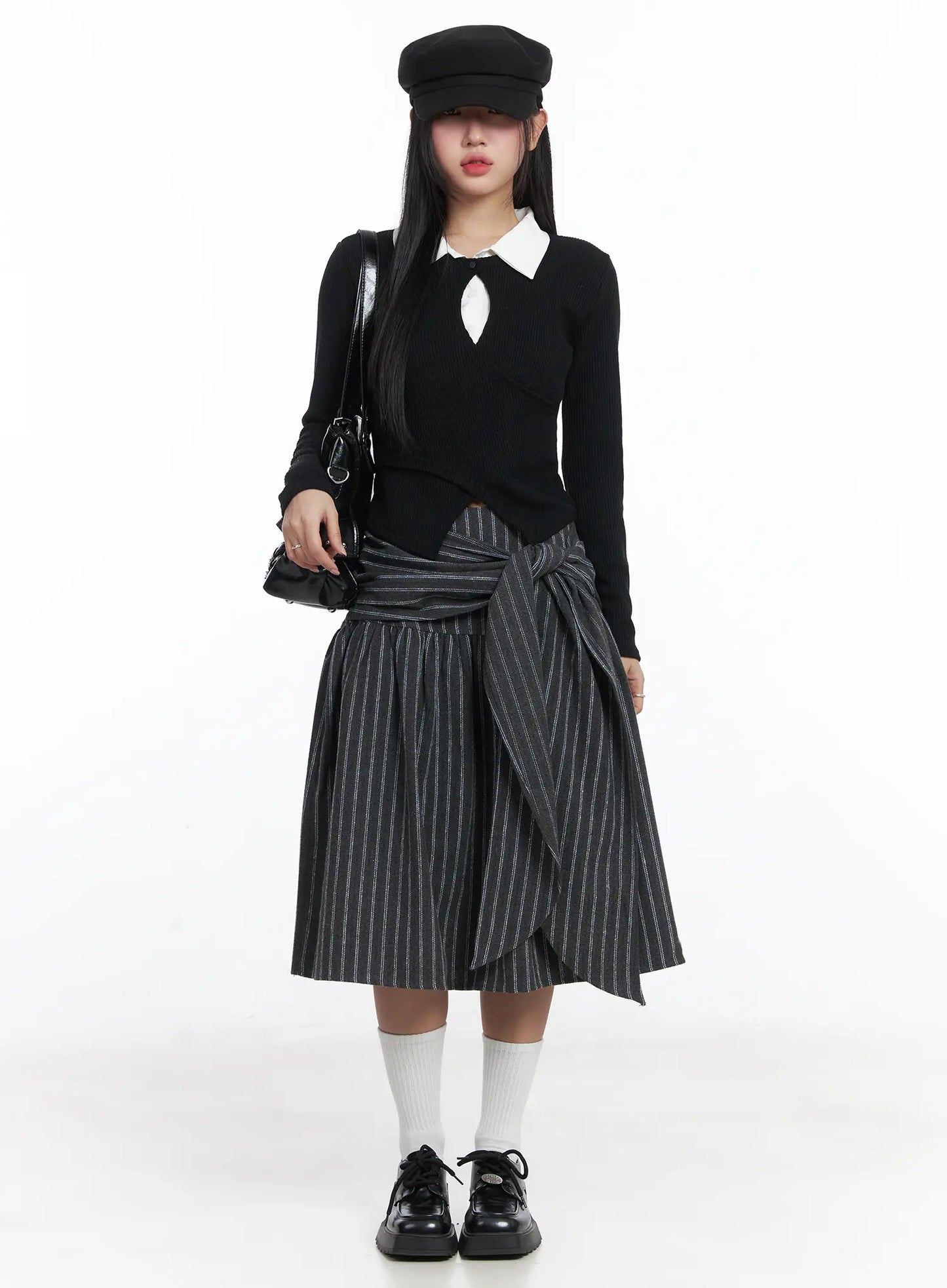 Button Wrap Collar Ribbed Long Sleeve Top CD529