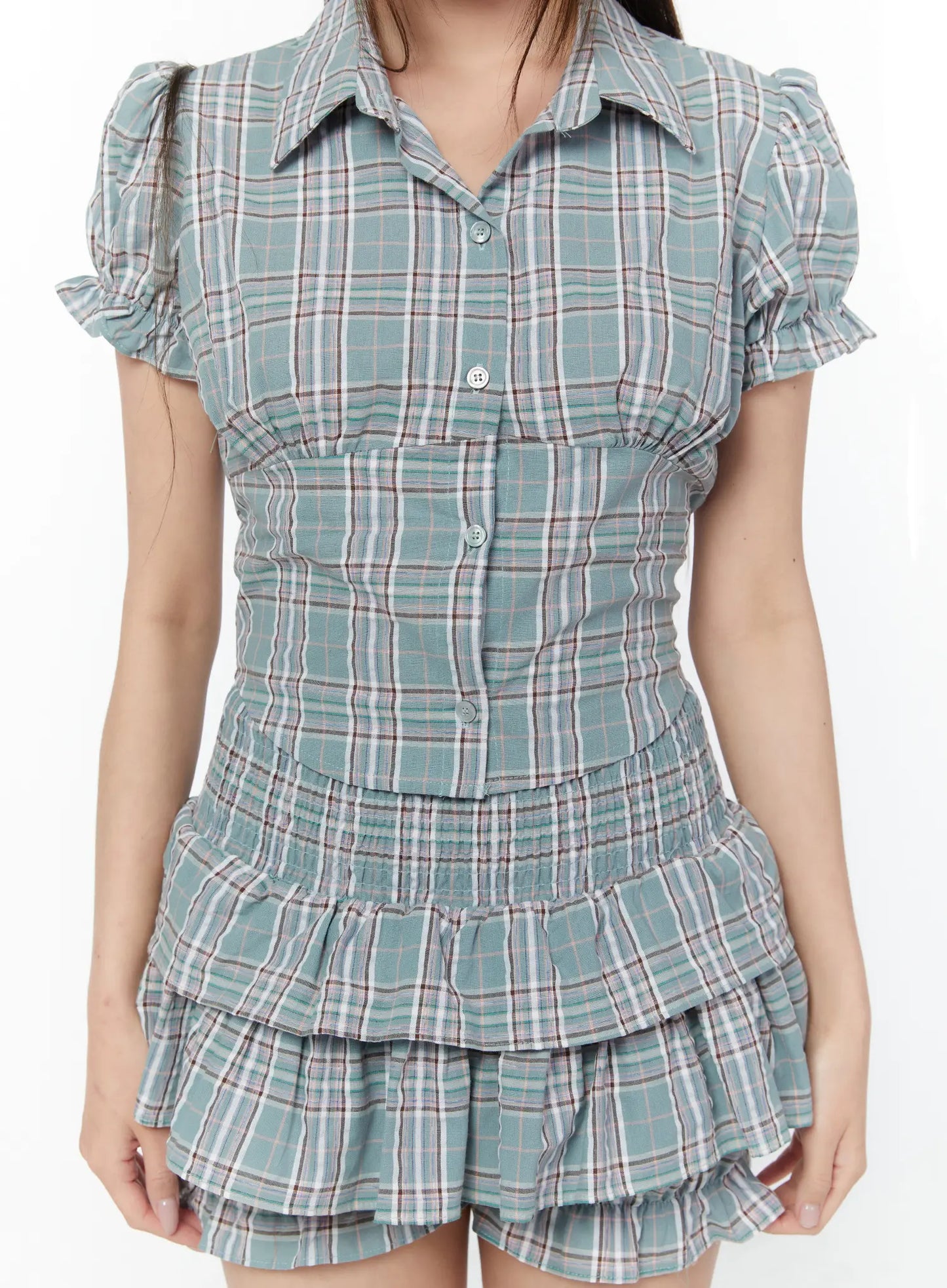 Check Puff Sleeve Crop Blouse CY518