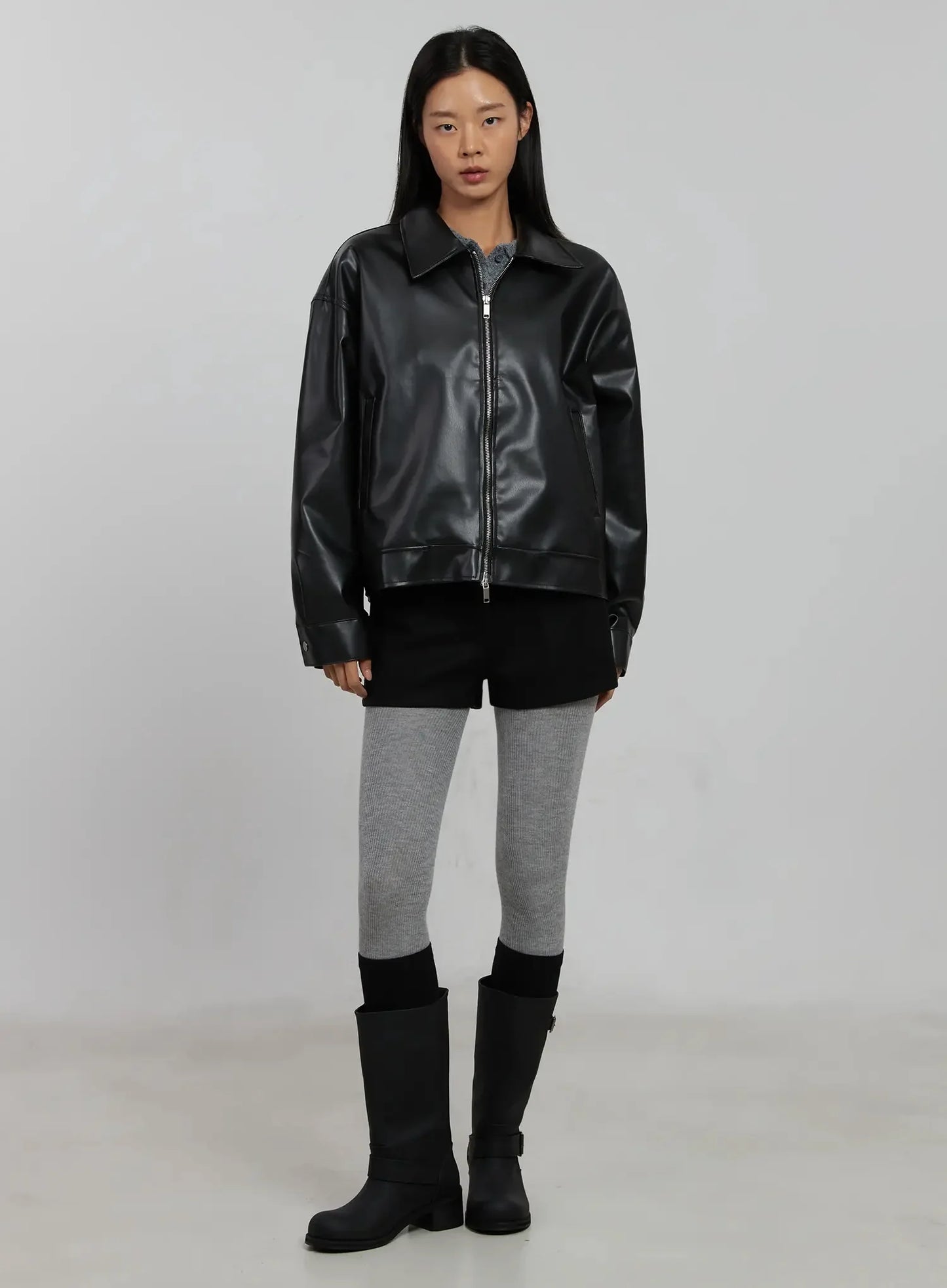 Basic Cropped Faux Leather Jacket IN507