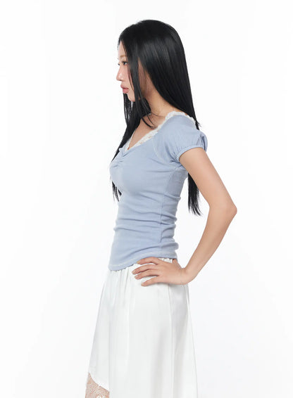 Chic Lace-Trimmed Shirred Tee CY512