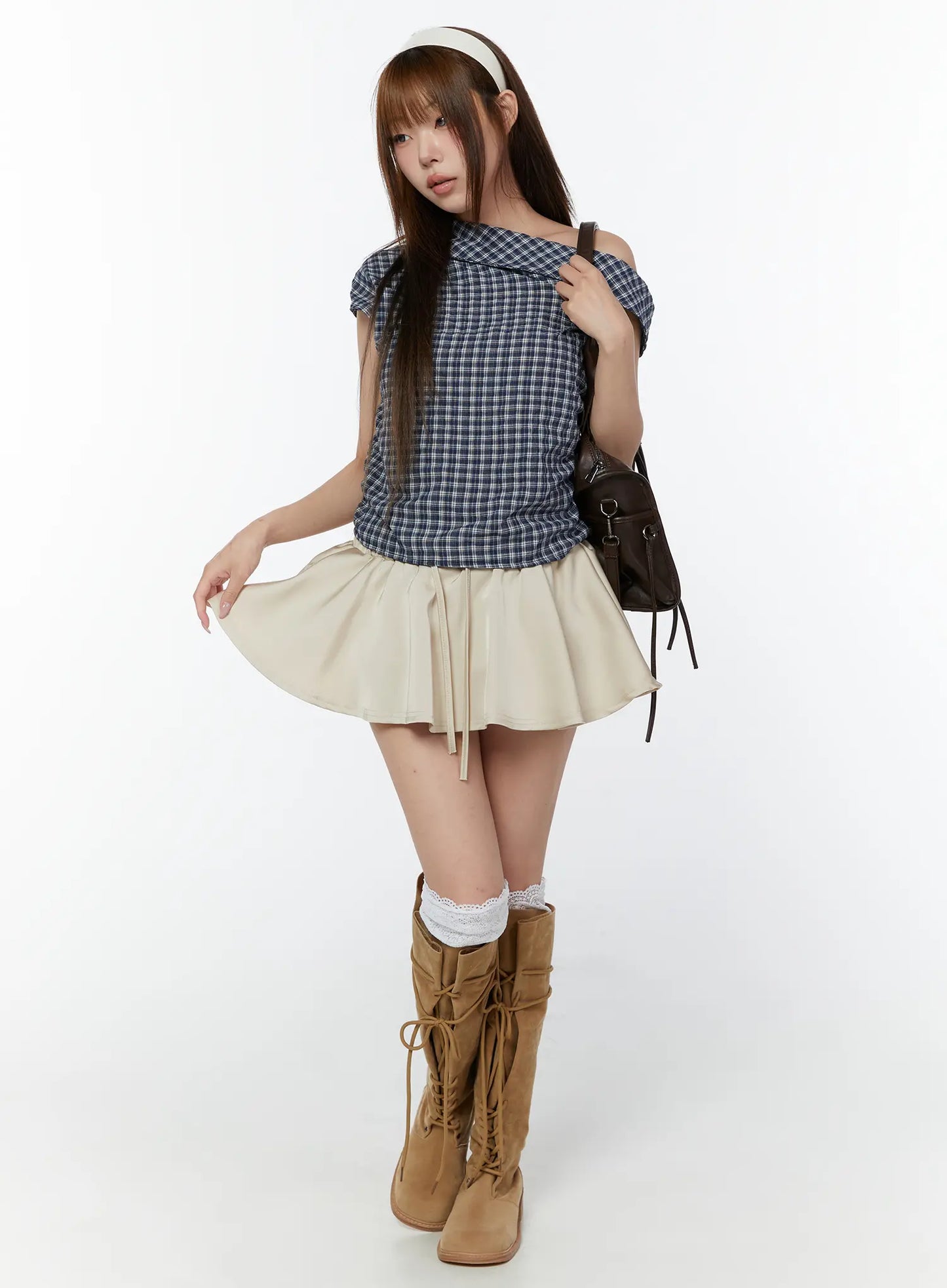 Asymmetric Ruched Plaid Blouse CY519