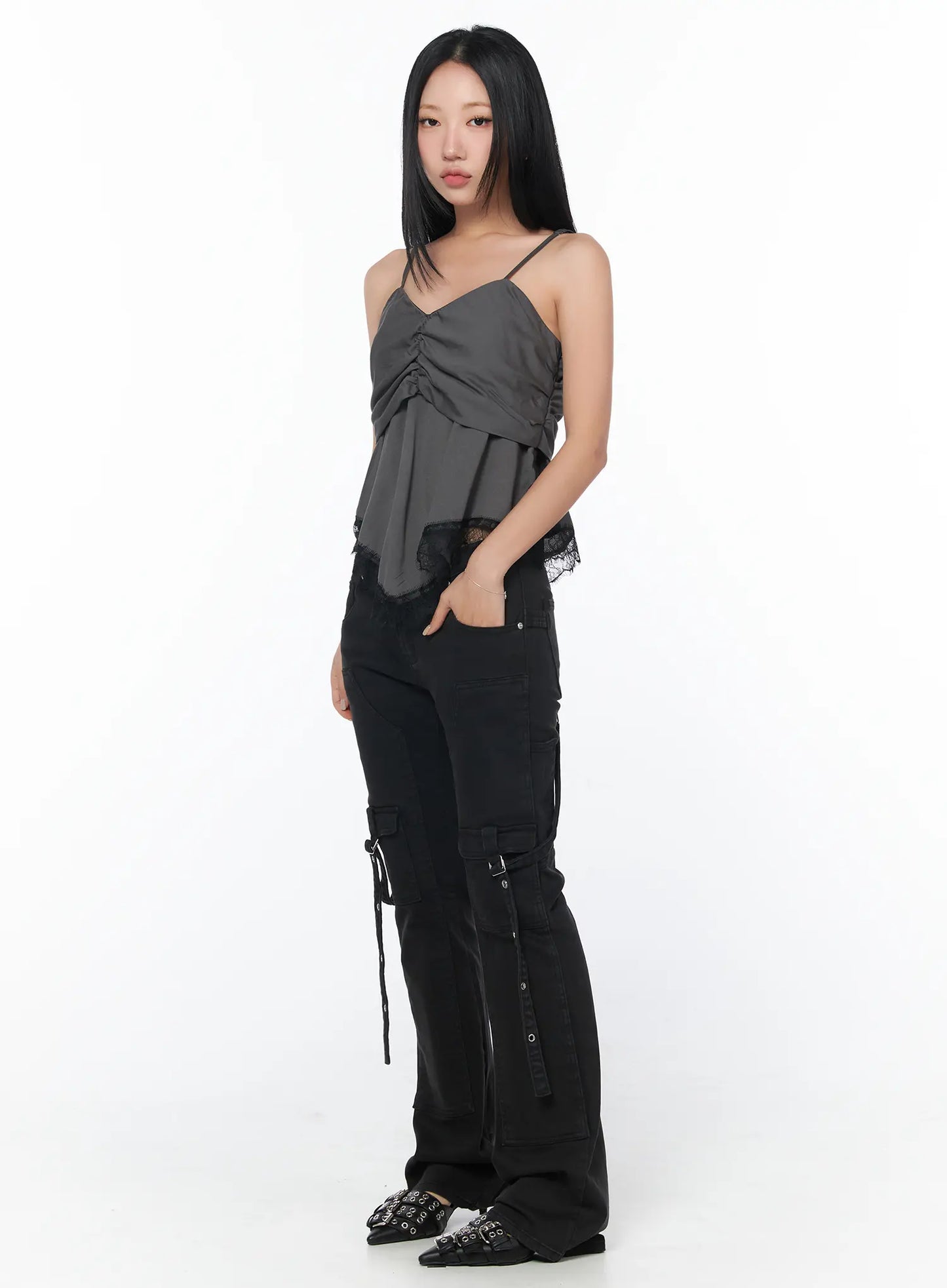 Black Bucle Bootcut Cargo Pants CY513