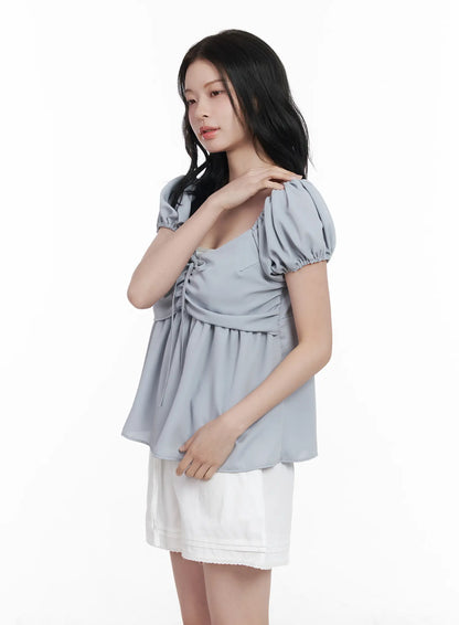 Chiffon Ruched Puff Sleeve Blouse CA510