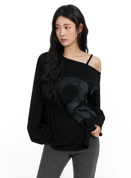 Casual Graphic Long Sleeve Off-Shoulder Top IN528