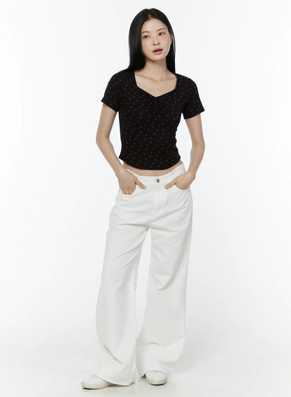 Cherry Print Sweetheart Neckline Tee IU505
