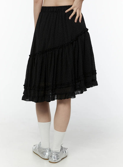 Asymmetric Ruffle Polka Dot Midi Skirt IU505