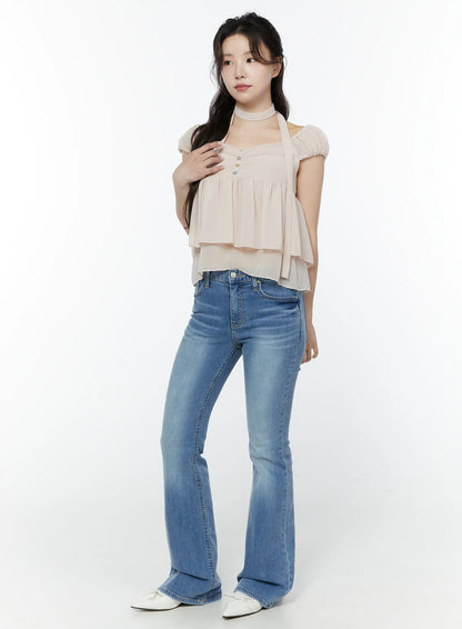 Chiffon Layered Blouse And Skinny Scarf Set IY511