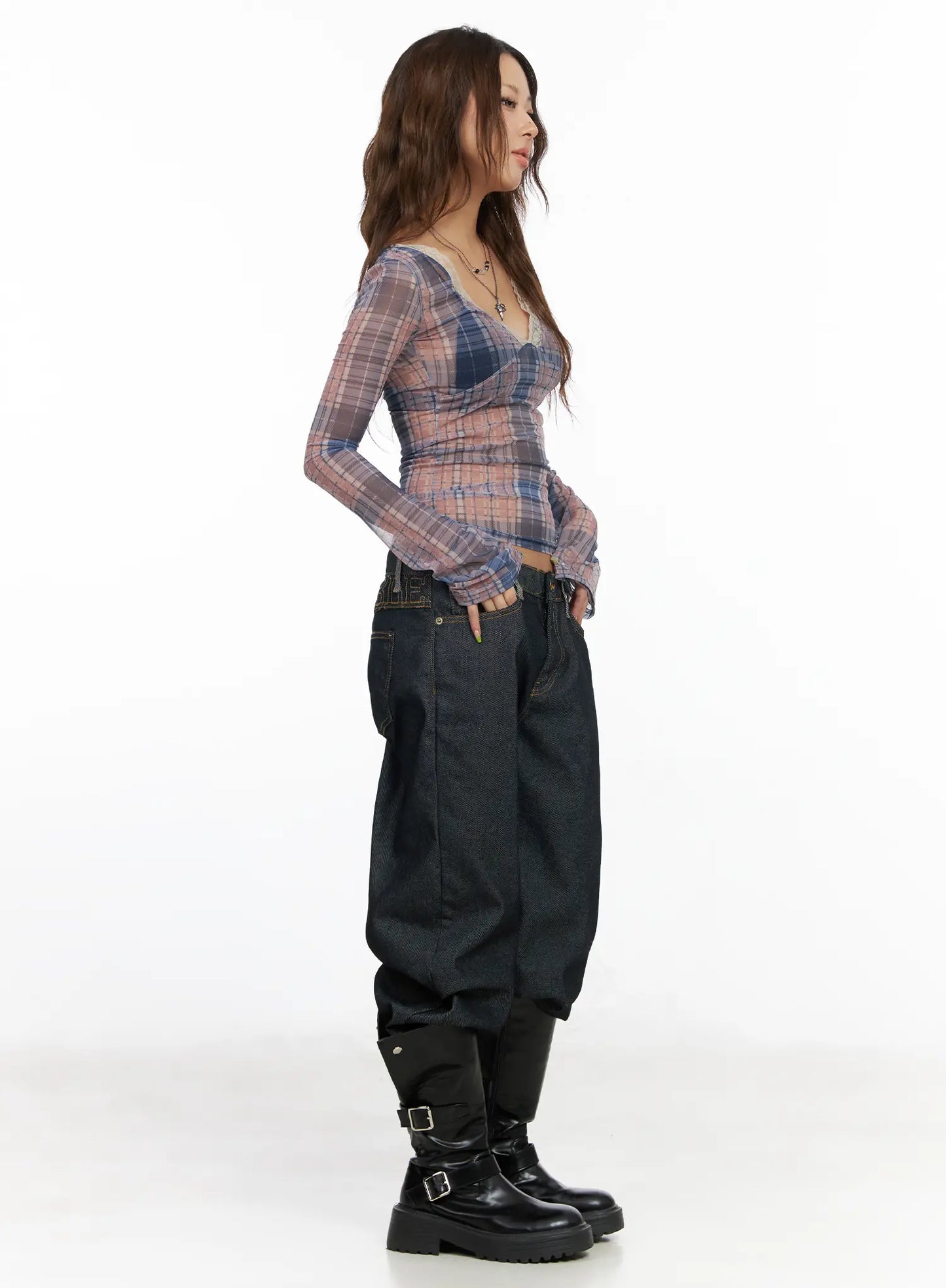 Checkered V-Neck Long Sleeve Top CF512