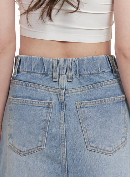 Back-Slit Stitched Denim Maxi Skirt CM511