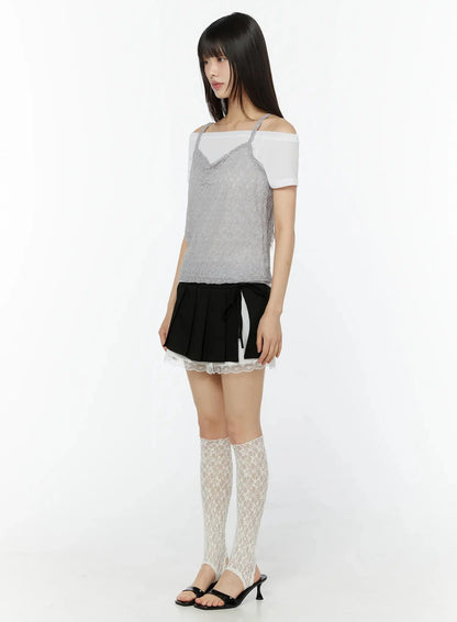 Chic Pleated Ribbon Lace Trim Mini Skirt IU518