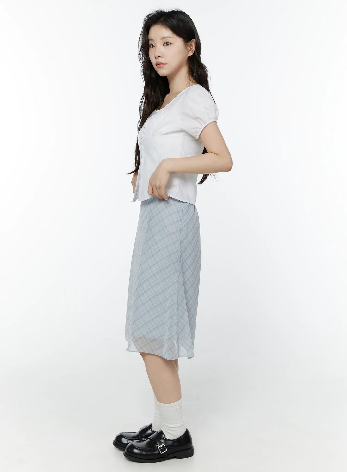 Chiffon Flare Plaid Midi Skirt IY507