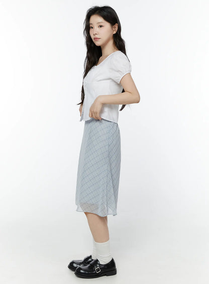 Chiffon Flare Plaid Midi Skirt IY507