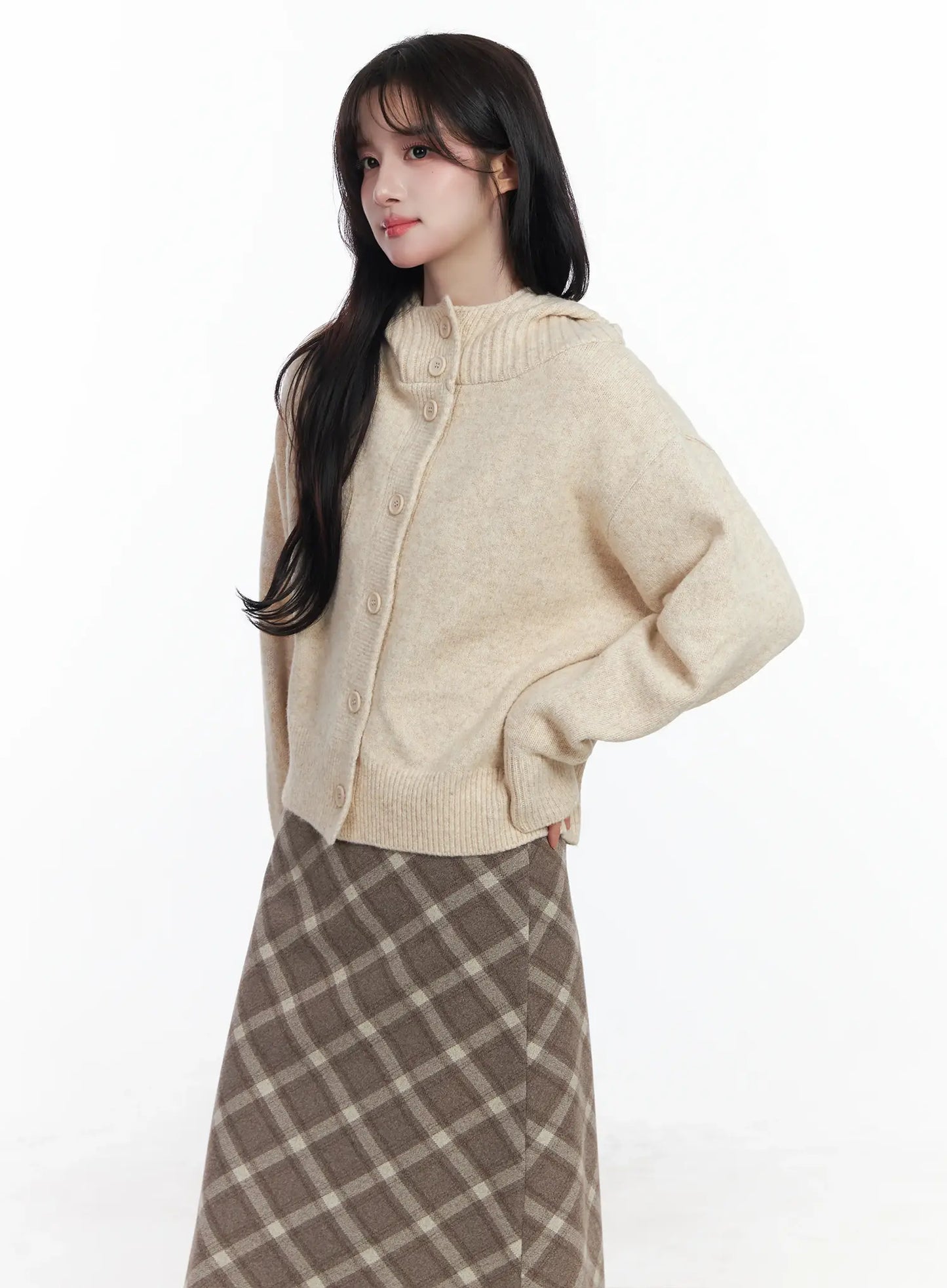Buttoned Knit Hoodie IJ529