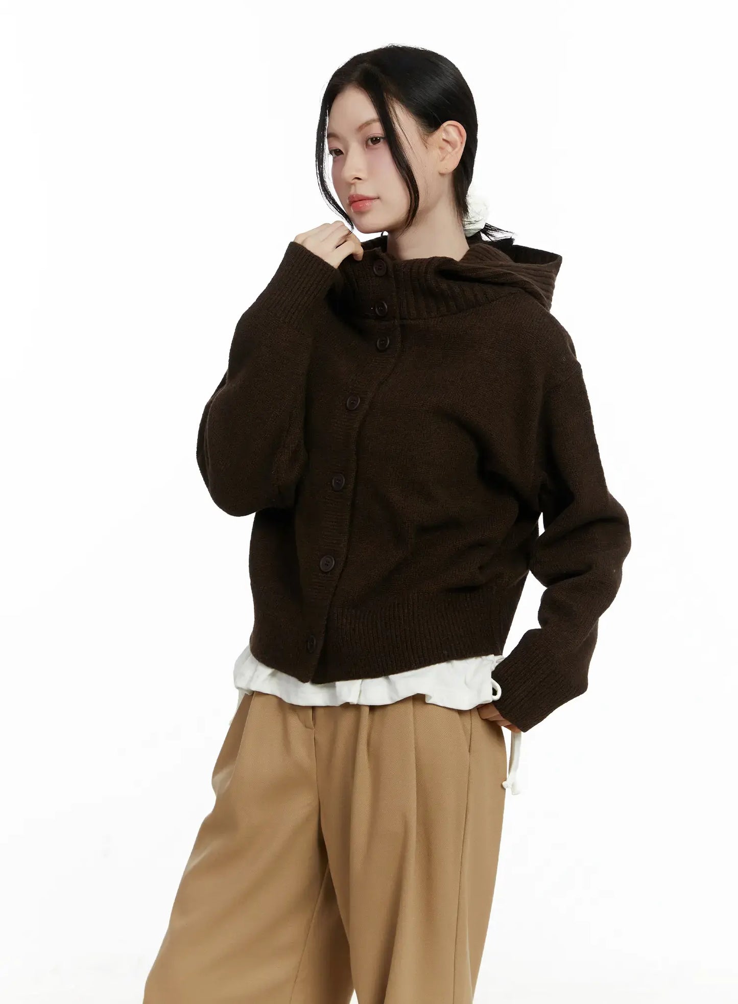 Button Hooded Knit Cardigan F502