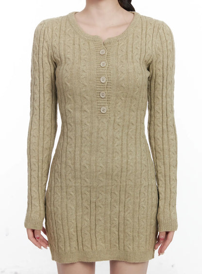 Cable Knit Button Sweater Mini Dress CJ526