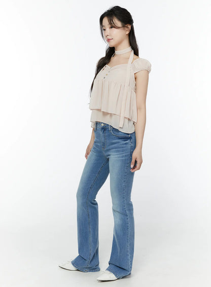 Chiffon Layered Blouse And Skinny Scarf Set IY511