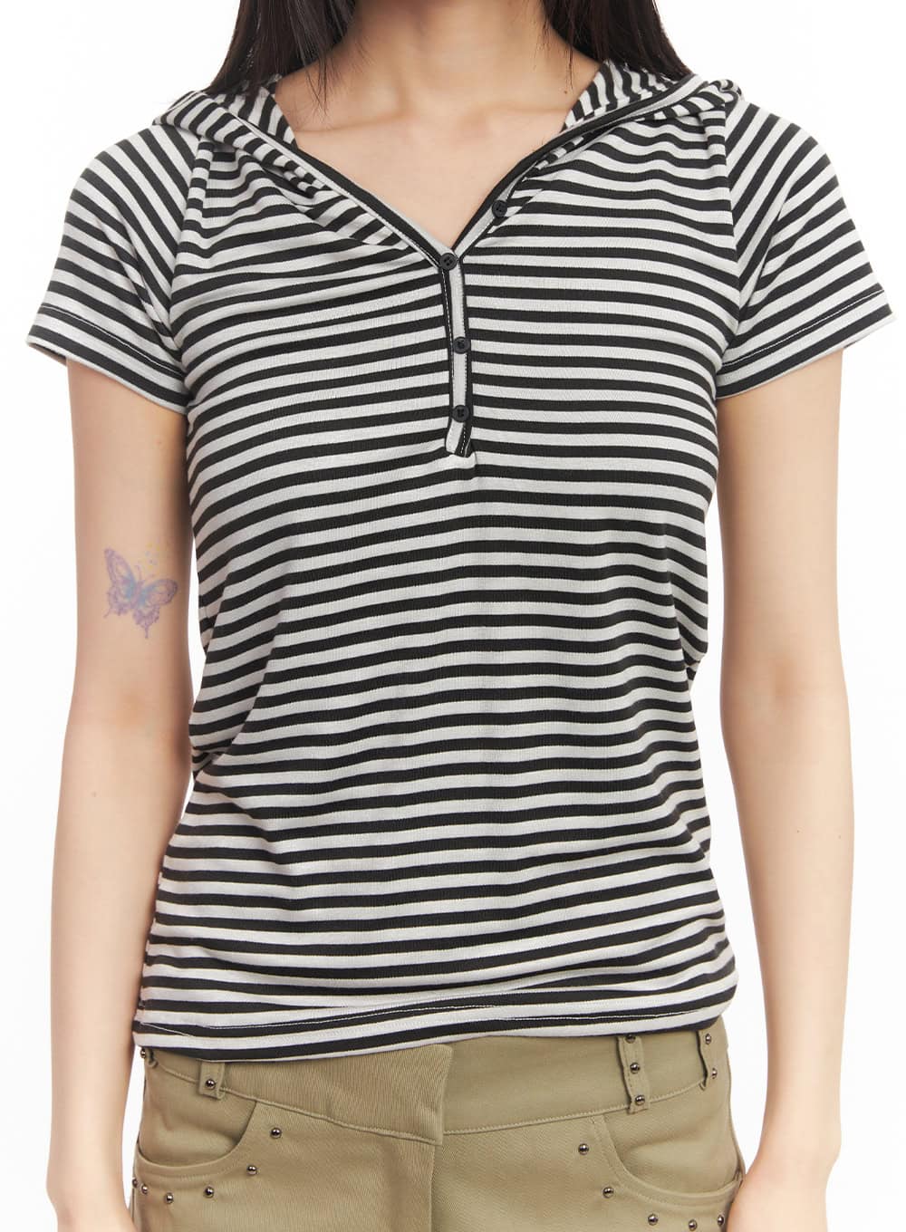 Buttoned Striped Hooded T-Shirt CA523