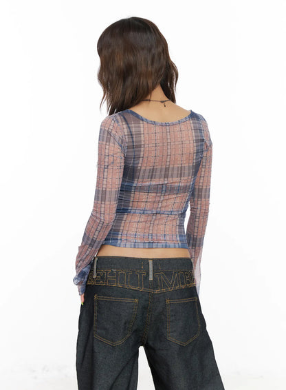 Checkered V-Neck Long Sleeve Top CF512