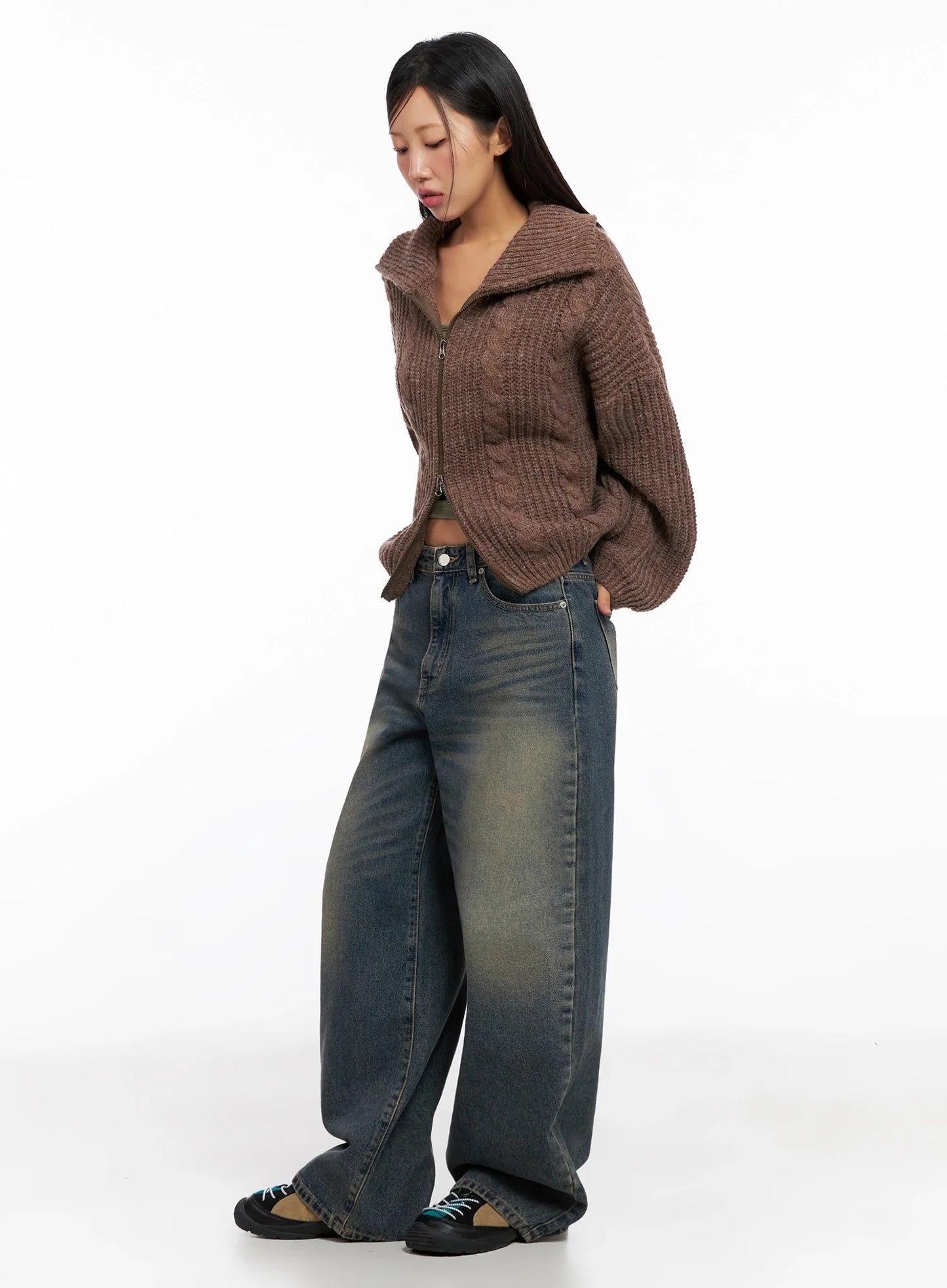 Chunky Knit Twist Zip-Up Cardigan IG528