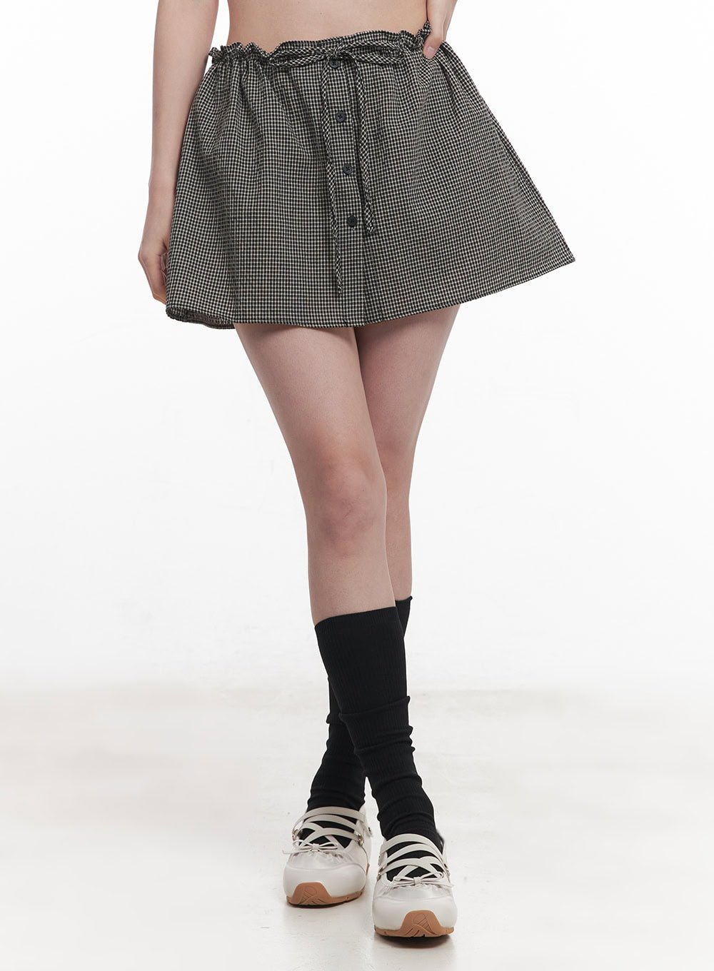Checkered Ribbon Button Mini Skirt IY513